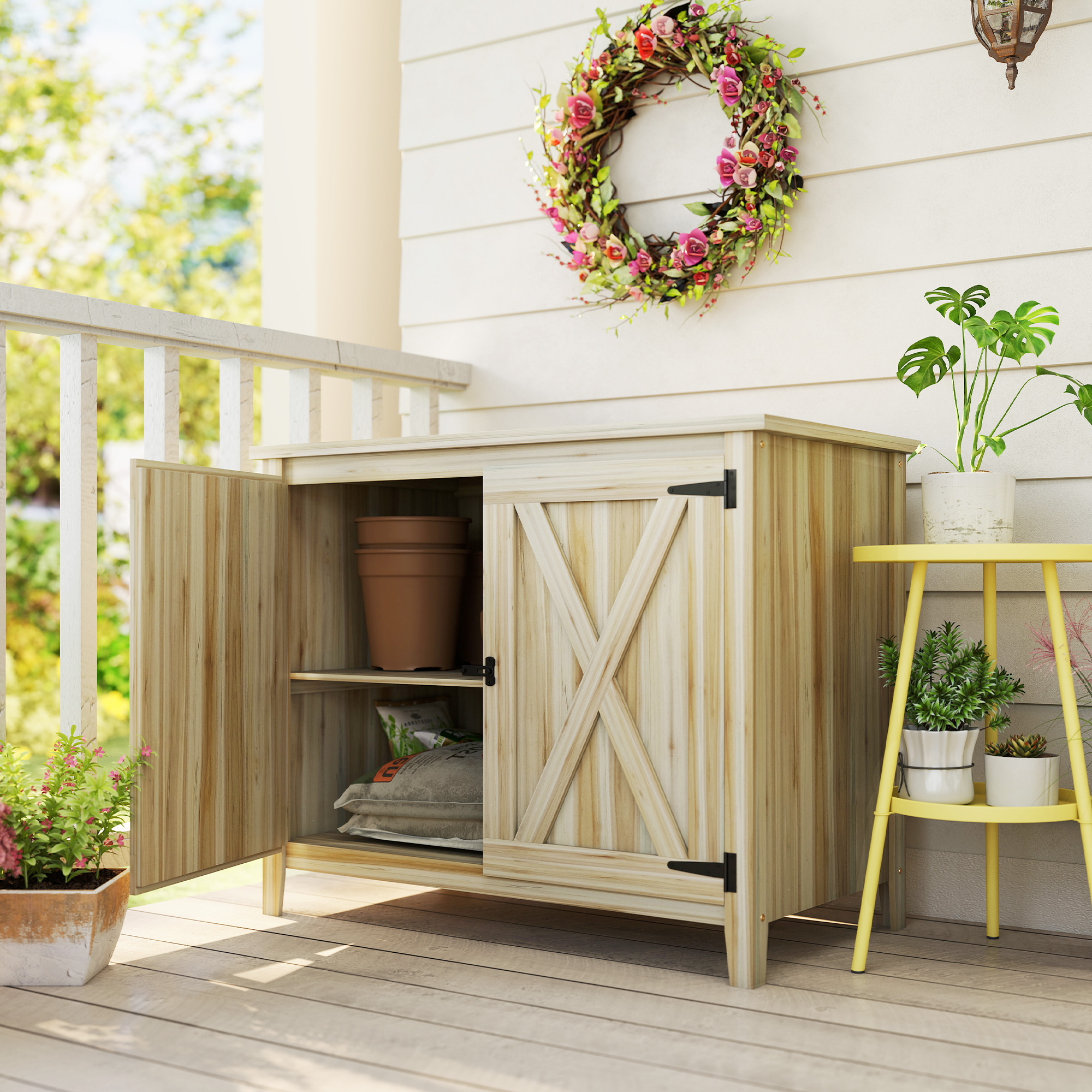 Outsunny Armadio da giardino in legno, armadio da esterno in legno con ripiani e doppie porte, 110 x 60 x 88,5 cm, legno naturale   Aosom Italy