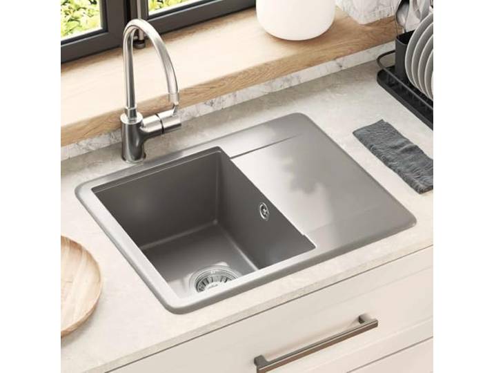 KGTKGTYER Küchenspüle 560 x 460 mm Granit Spülbecken Rechteckig Grau Hitzebeständig bis 280 C, Kratzfest & Fleckenabweisend, Inklusive Abflussfilter
