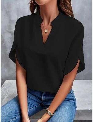 Youfap Market Women Fashion V neck Half Sleeve Shirts, Summer Casual Blouse, Office Elegant Loose Blusas Tops black s
