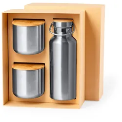 Set bestehend aus einer Flasche (500 ml) und zwei Thermobechern aus Edelstahl.