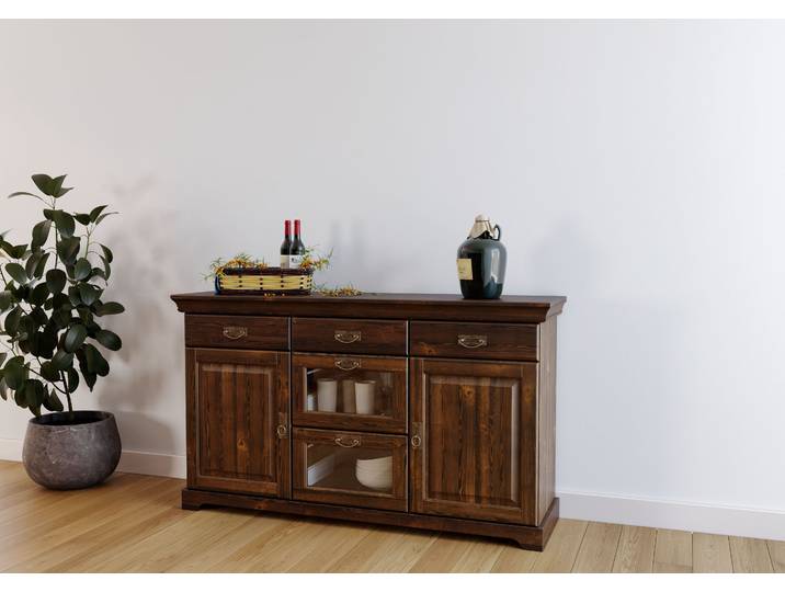 Sideboard GOODPRODUCT Rügen Kommode mit 2 Türen, 5 Schubläden mit Metallgriffen , braun (dunkelbraun, lackiert), B:145cm H:85cm T:40cm, Massivholz, Sideboards, Sideboard, Kommode aus massiver Kiefer, Schubladen mit Glaseinsatz, Metallgriffe