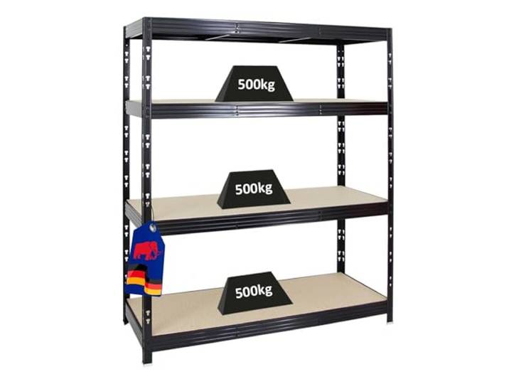 PROREGAL Profi Schwerlastregal Rhino BREIT schwarz HxBxT 180x160x60cm Fachlast 500kg 4X Spanplatten-Ebenen 8mm Garagenregal, Lagerregal, Steckregal, Weitspannregal