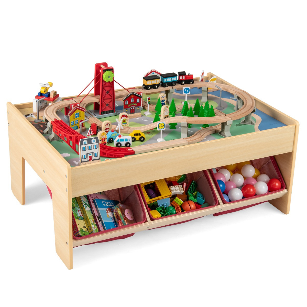 Costway Houten Treinset Tafel Multifunctionele Activiteitentafel voor Kinderen met 2 Omkeerbare Tafelbladen Kleurrijk