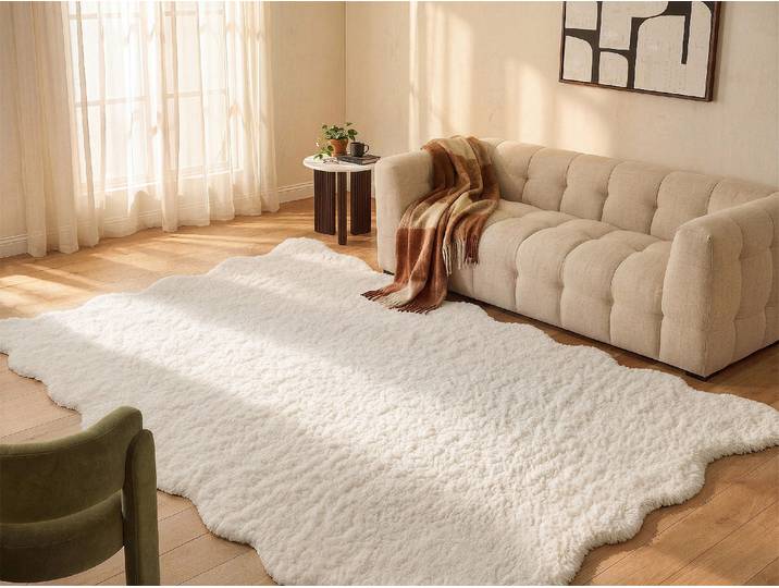 Hochflorteppich mit wellenförmigen Rändern - 200 x 290 cm - Weiß - NERIDA