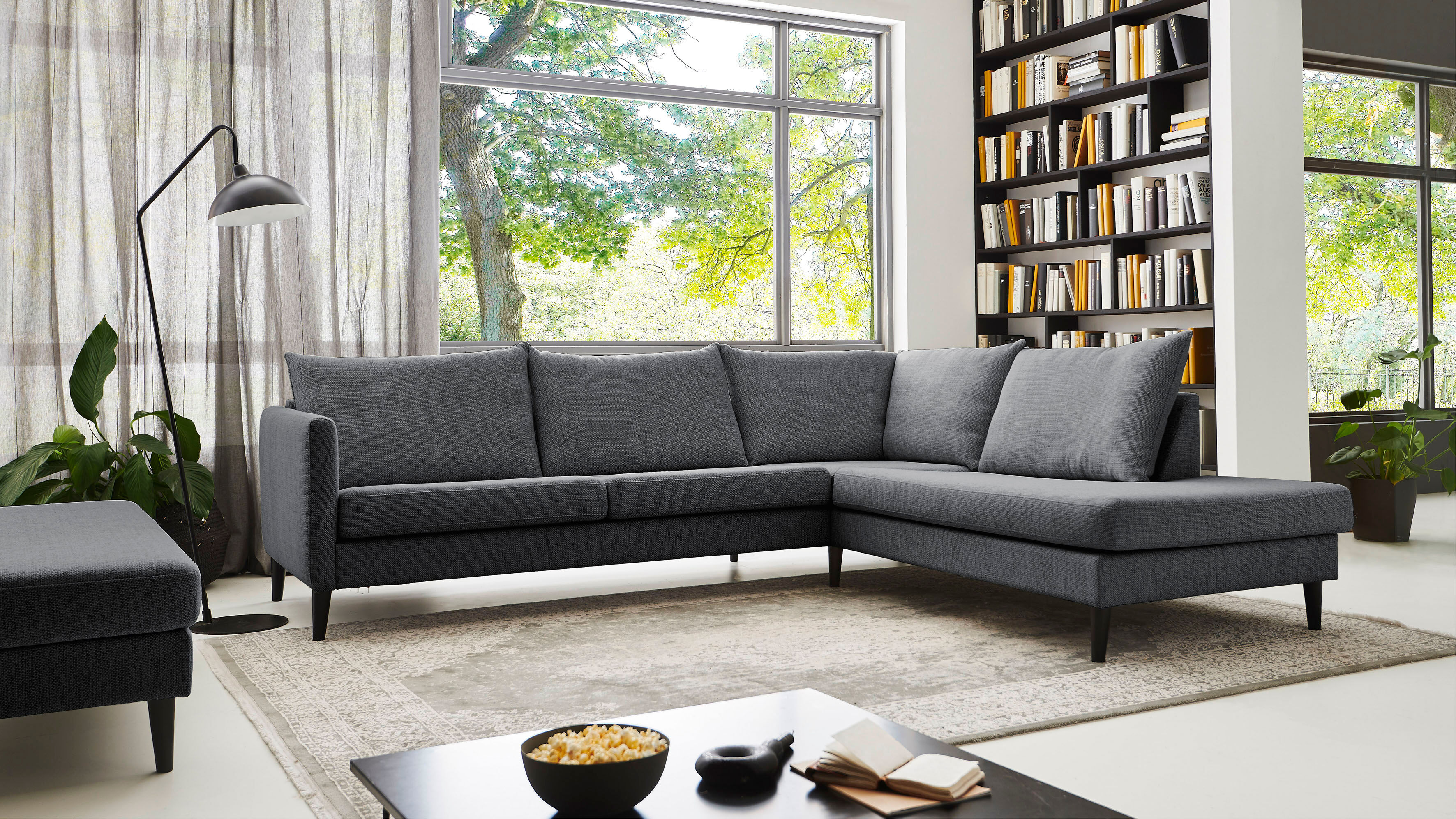 Ecksofa GOODPRODUCT "Rekvik L-Form", grau (anthrazit), B:258cm H:79cm, Sofas, Ecksofa, mit Wellenunterfederung, mit Massivholzfüssen anthrazit B/H/T: 258cm x 79cm, Struktur, Recamiere rechts