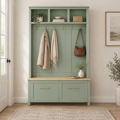 Fundinbaths "47.2"" 4-in-1 Hall Tree with Storage Bench, 6 Gold Hooks, Shoe Cabinets and 2 Drawers"