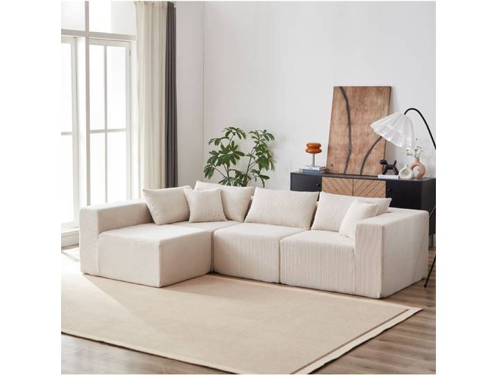 Modenuit Canapé modulable 4 places en L 4 pièces velours côtelé beige