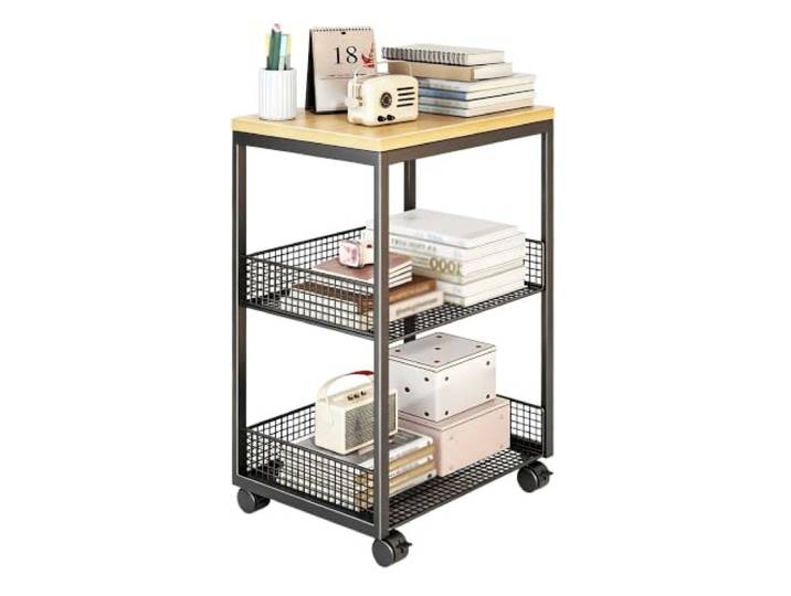 2/3 Ebene Regal mit Stauraum, Beistelltisch schmaler mit Metallrahmen und Holztischplatte Nachttisch für Wohnzimmer, Schlafzimmer, Büro, Küche, Eingangsbereic(Size:3-Tier With Wheels,Color:Schwarz)