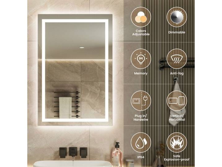 Miroir Mural de Salle de Bain avec éclairage Miroir avec lumière LED Interrupteur Tactile/Luminosité varier(90 x 60 cm)