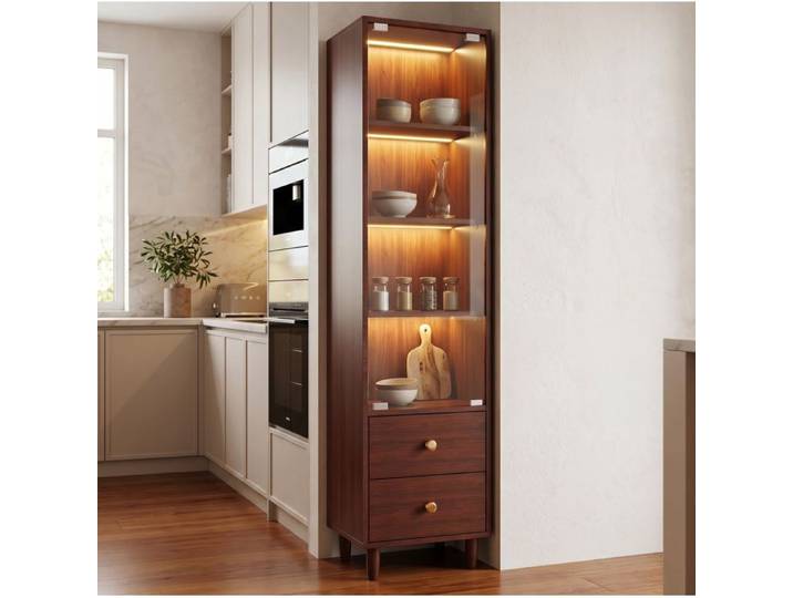 WUVRIE Vitrine haute LED 40 x 35 x 165 cm porte vitrée 2 tiroirs MDF et verre marron