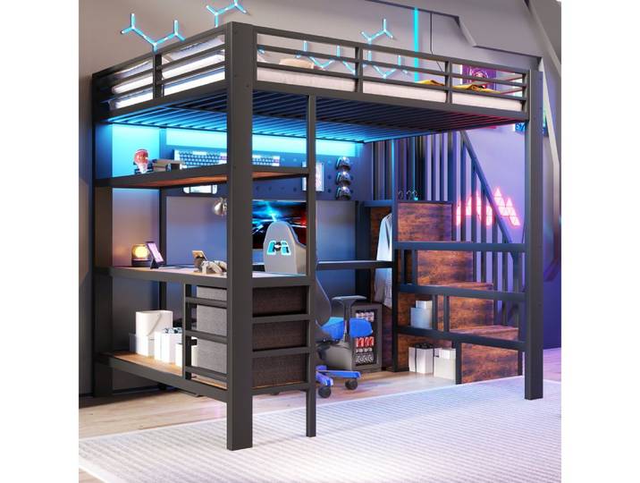 BBWL Hochbett mit Schreibtisch, Schubladen, Lochwand, LED-Licht, Steckdose Hochbett Metall 140x200 cm mit Stauraum