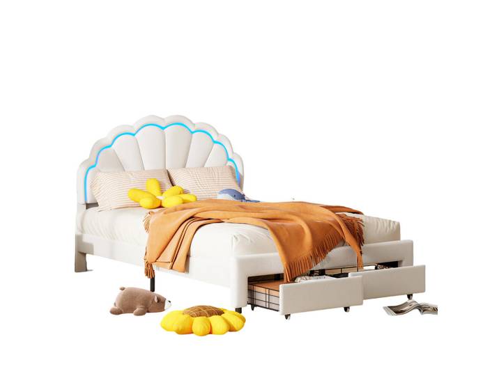Shopentra Polsterbett 140x200cm Beige Led, Weiß, Holz, Schlafzimmer, Betten, Polsterbetten