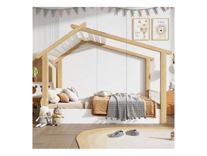 EXTSUD Kinderbett 90x200 cm Hausbett aus Holz, Lattenrost, weiß-natur