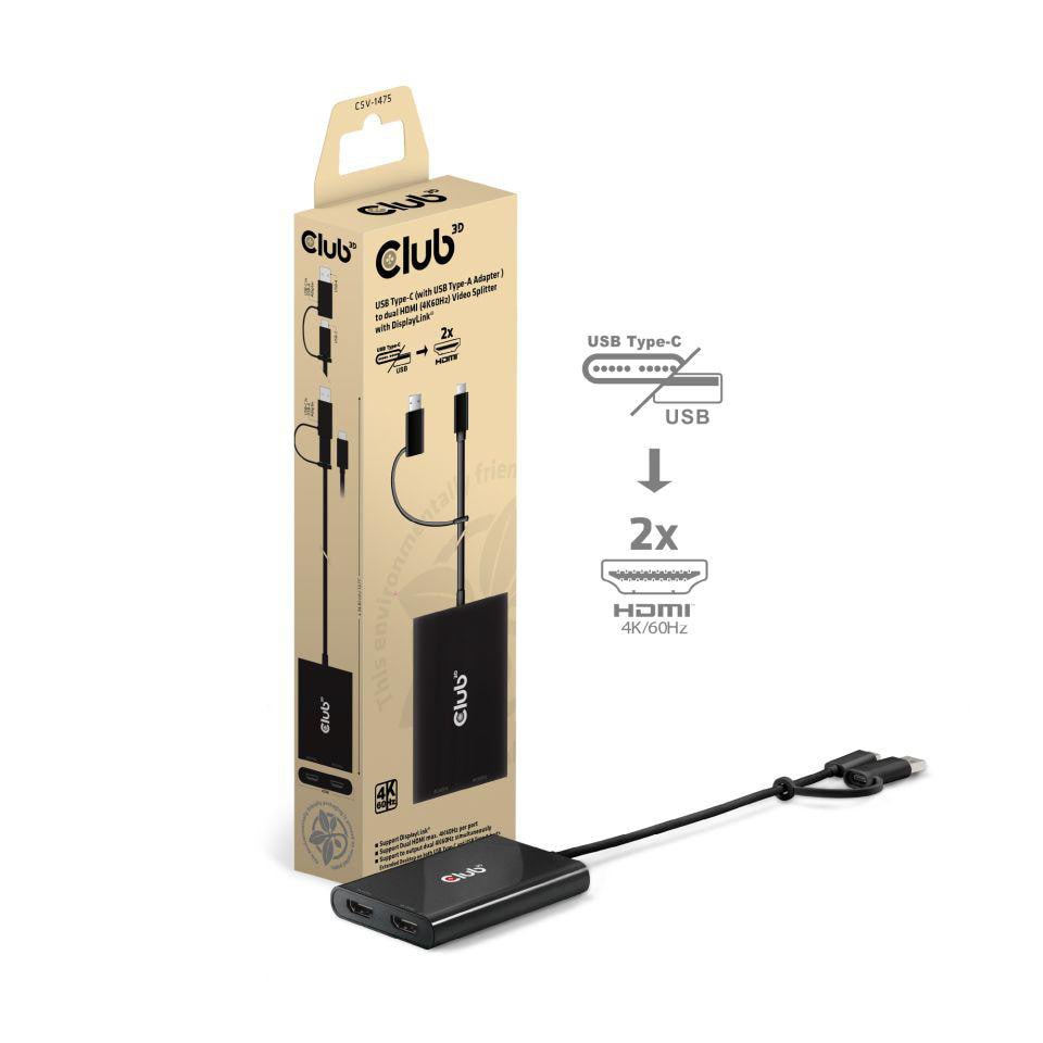 Club3D Club 3D USB Typ-C (mit USB Typ-A Adapter) auf dualen HDMI (4K60Hz) Video Splitter mit DisplayLink CSV-1475