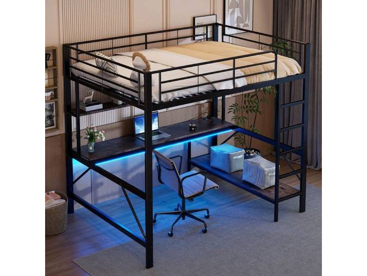Lit mezzanine140x200avec LED Lit mezzanine enfant avec bureau Lit mezzanine adulte avec USB et prise électrique étagères métal Noir
