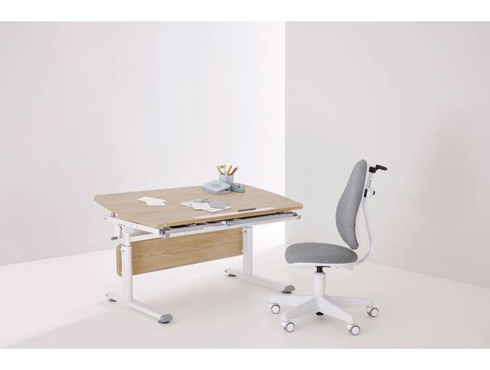 Kinderschreibtisch PAIDI DIEGO CURVED, Schülerschreibtisch, mitwachsend, ergonomisch , beige (eiche, montana, weiß, weiß, eiche, montana), B:120cm H:79cm T:70cm, Tische, Kinderschreibtisch, stufenlos höhenverstellbar, Tischplatte neigbar