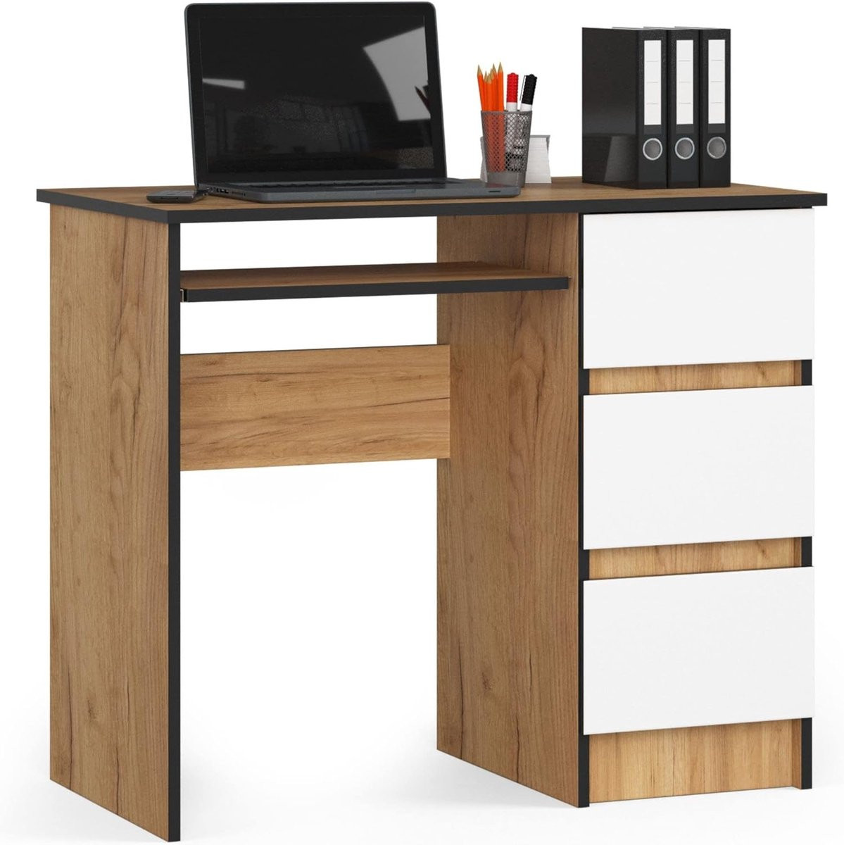 Compact Computerbureau met Toetsenbordlade en 3 Laden in Eiken en Wit voor Thuis of Slaapkamer