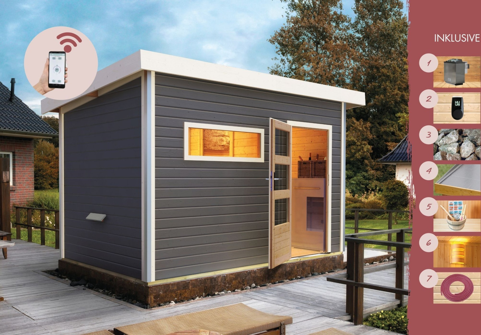 Karibu Saunahuis Joost 2 met voorruimte en HUUM WiFi-besturingssysteem, terragrauw