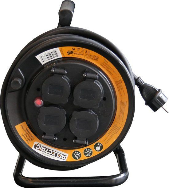 Relectric Kabelhaspel met 4 stopcontacten, 25m, IP44, Zwart