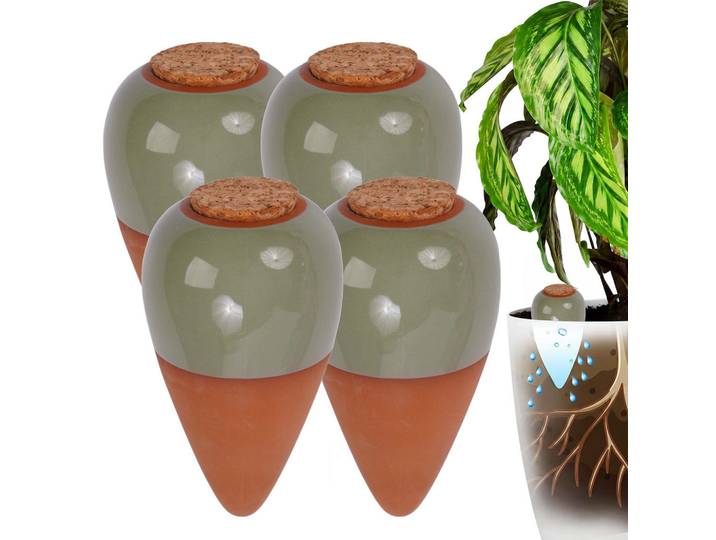 Relaxdays Bewässerungskegel Salbei 4er-Set, Grün, Keramik, Naturmaterialien, 8x16x8 cm, Gartenzubehör