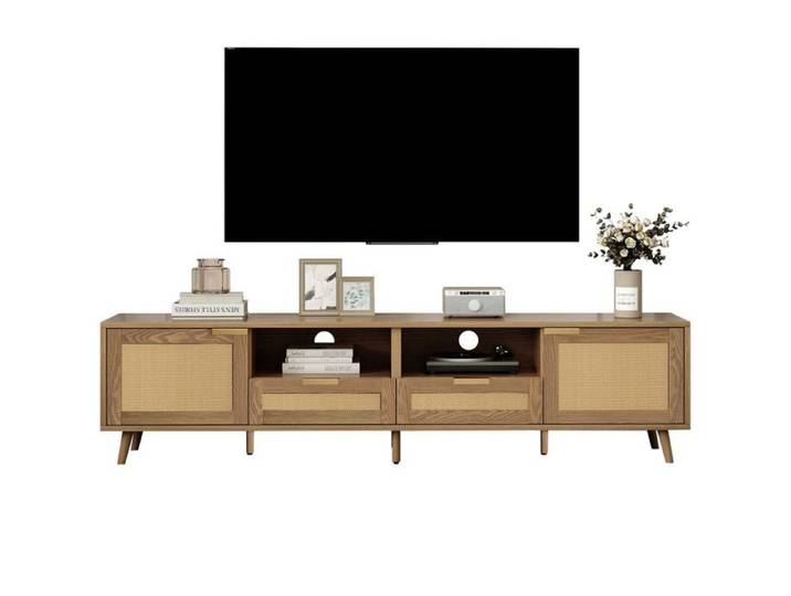 Meuble TV 200*37*49 cm design en rotin synthétique Meuble TV pieds en bois massif Meuble TV panneau TV en rotin