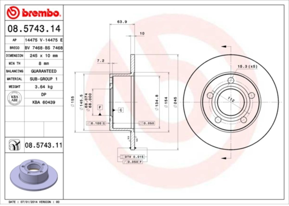 Bremsscheibe BREMBO 08.5743.11, hinten, voll, 1 Stück