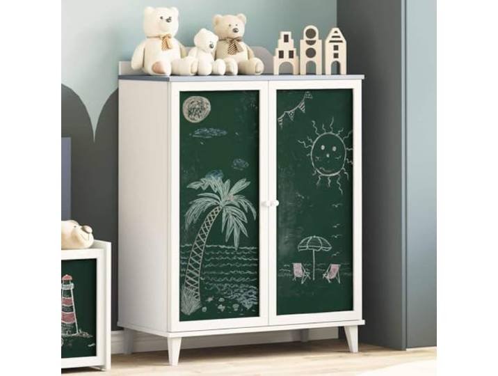 RJPLMFV Moderne Anrichte mit Tafel, 2 grüne Türen Weißer Rahmen aus Holz, mehrere Regale, Aufbewahrung für Wohnzimmer oder Schlafzimmer