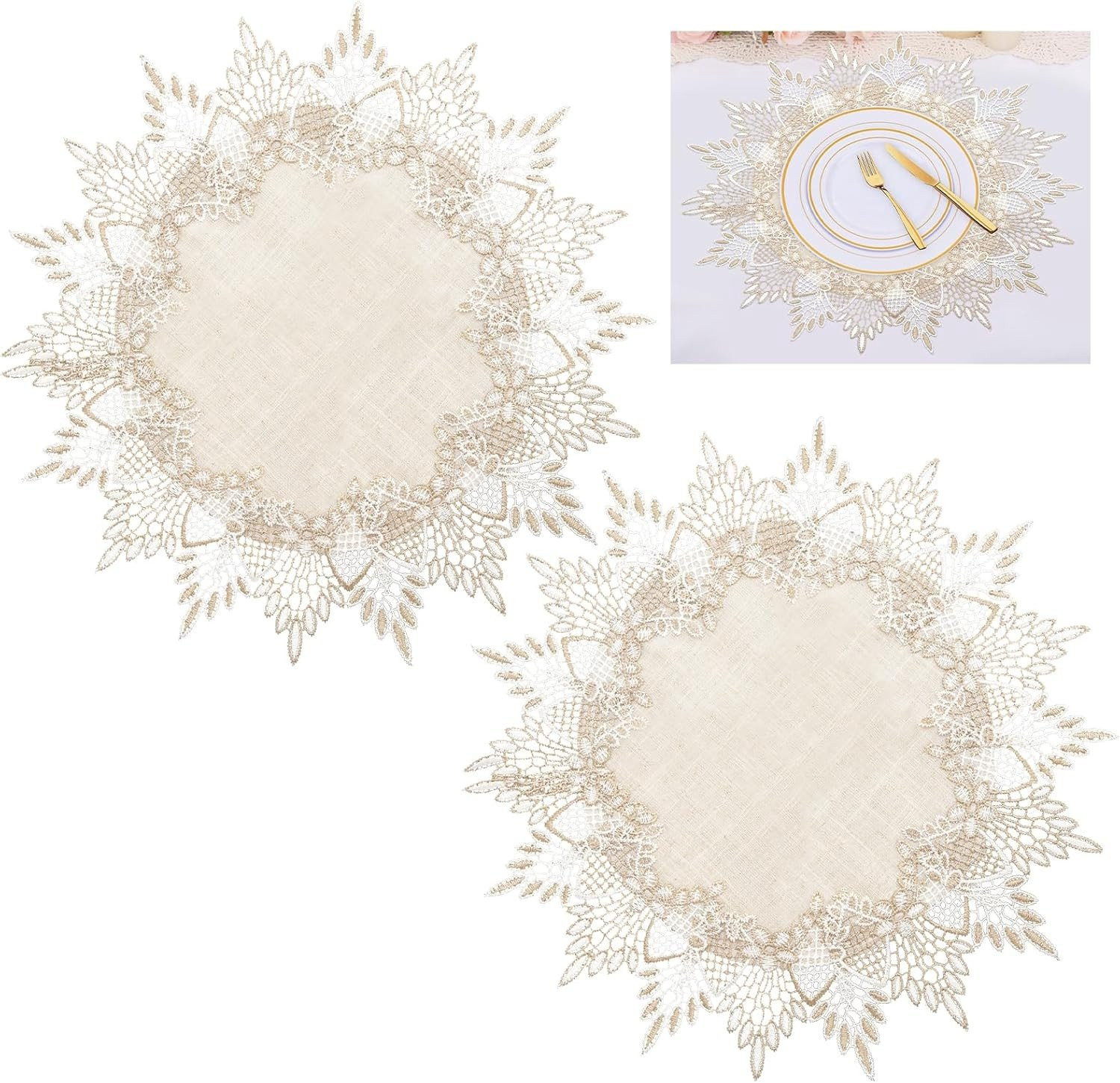 Set van 2 ronde linnen tafelkleden met kant in beige - Vintage rustieke stijl