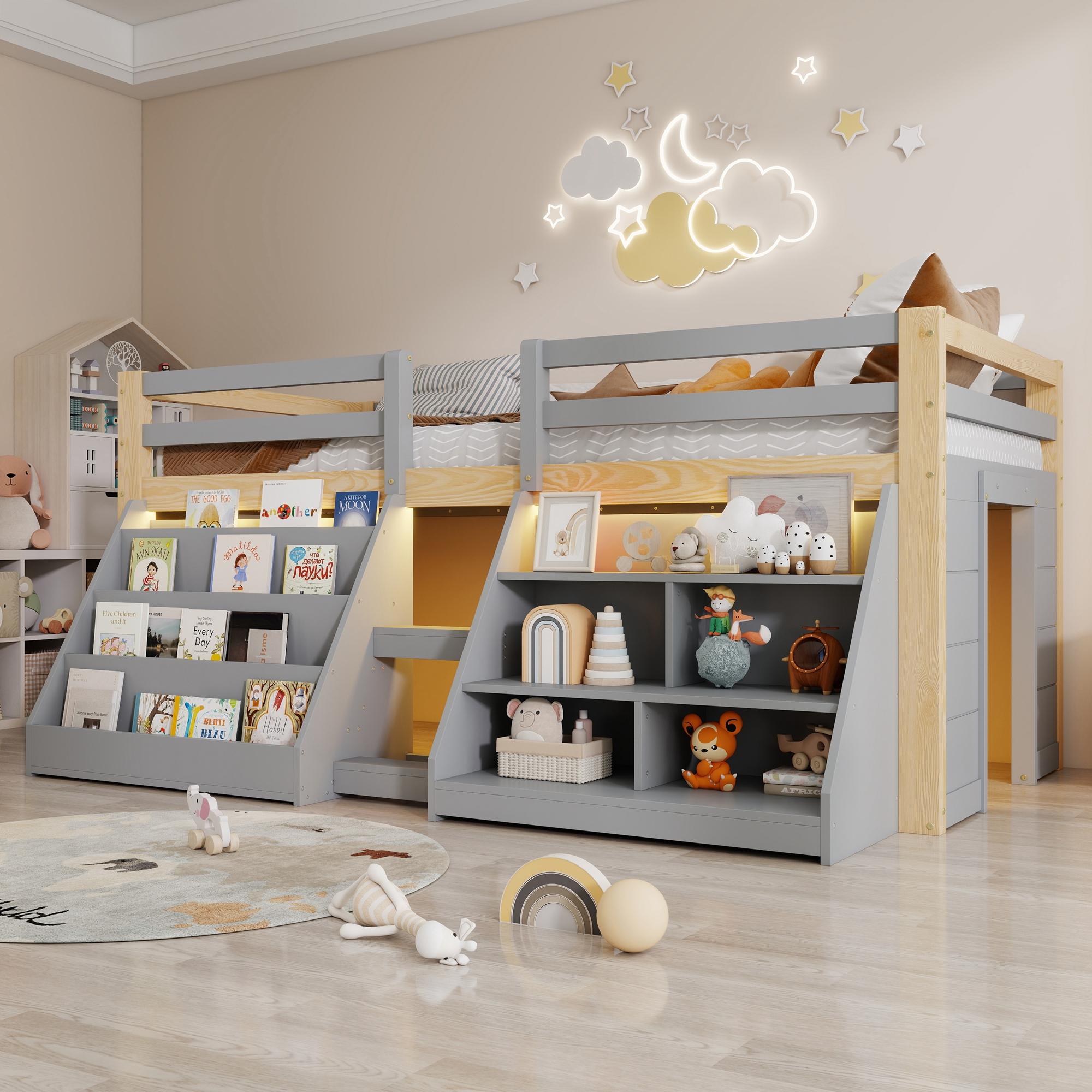 Merax Etagenbett Halbhohes Bett 90x200cm, mit LED-Beleuchtung, Bücherregal, Regale, Geländer, Kiefer, Kinderbett, Hochbett, Jugendbett, Grau