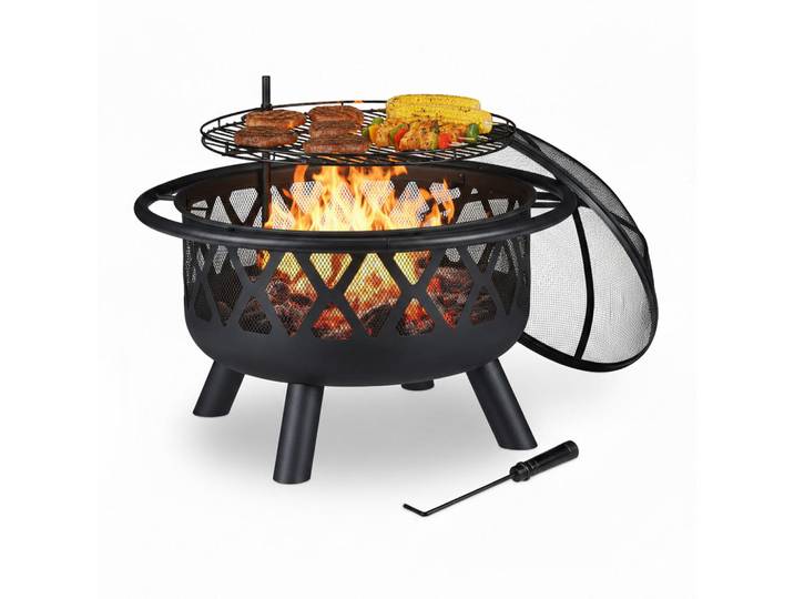 Relaxdays Feuerschale Schwarz Stahl mit Grillrost und Funkenschutz, Metall, 75x68.5x75 cm, Gartenmöbel, Balkonmöbel