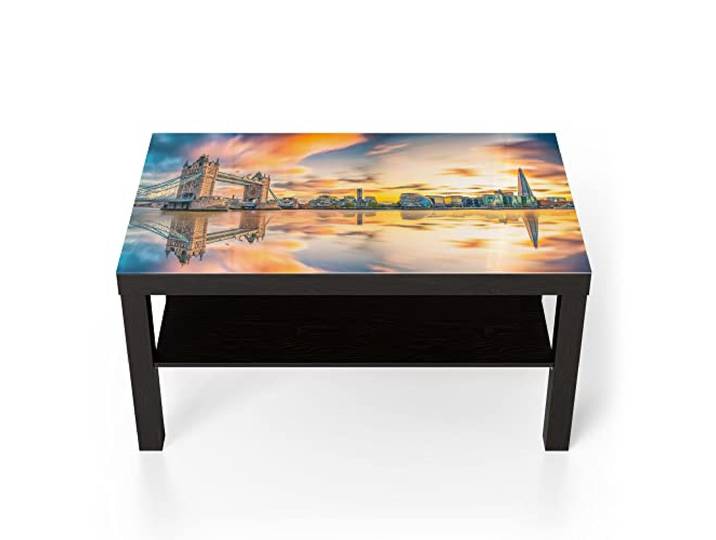 DEQORI Glastisch schwarz groß 90x50 cm Motiv Tower Bridge und Themse ausgefallener Beistelltisch aus Glas Hochglanz Couchtisch fürs Wohnzimmer moderner Couch Tisch mit Design