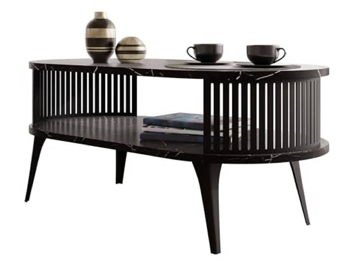 Mirjan24 Couchtisch Rajkon, ovale Form (Black Pietra Grigia, Schwarz) Moderner Wohnzimmertisch mit praktischer Ablage, pulverbeschichtetem Stahlgestell und pflegeleichter Oberfläche
