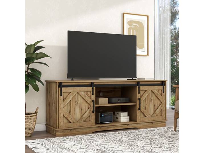 Meuble TV 150x40x60cm - OKWISH - 2 Portes Coulissantes - étagères Réglables - Pour Salon Salle à Manger - Marron Vintage