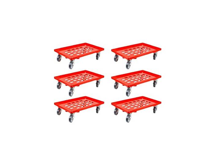 SparSet 6x Transportroller für Euroboxen 60x40cm mit Gummiräder rot Gitter/Rasterdeck 2 Lenkrollen & 2 Bockrollen Traglast 300kg Kistenroller Logistikroller Rollwagen Profi-Fahrgestell