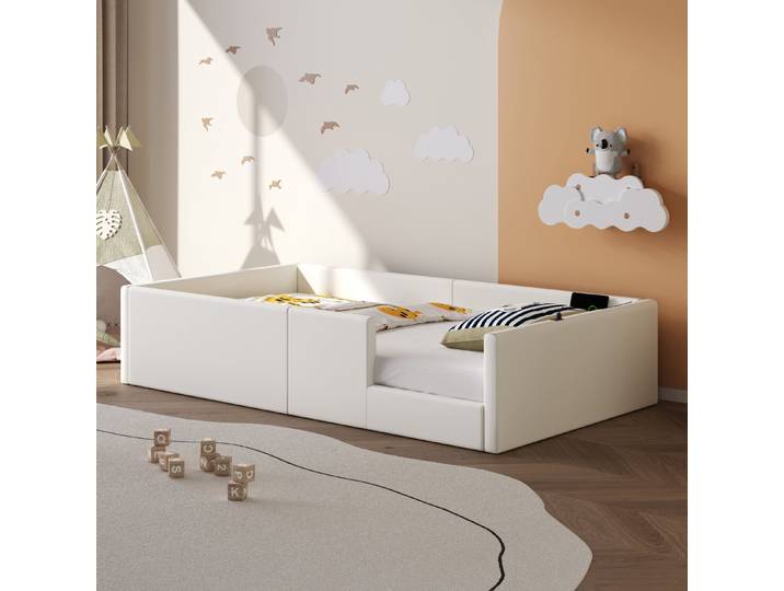 Flieks Polsterbett, Kinderbett Einzelbett 90x200cm mit Aufladen und Rausfallschutz