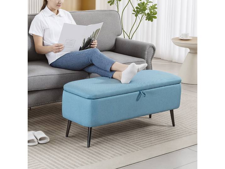 HOMCOM Banc Rangement Bleu Pieds Acier 101x38,5x44,5 cm