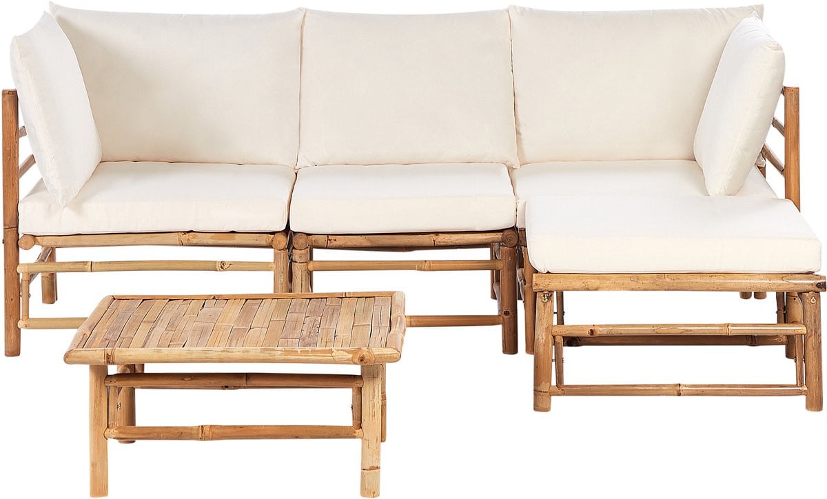 Cerreto 5-delige modulaire loungeset hoekbank met salontafel en ottoman in bamboe, natuurlijk wit