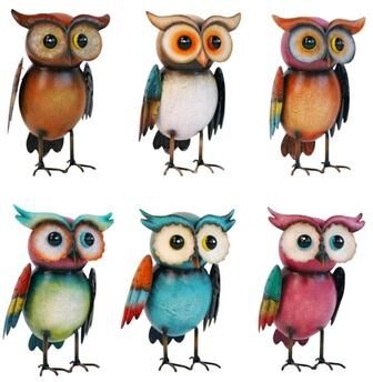 Zaer Ltd "Set of 6 Assorted Vibrant Metal Owl Figurines ""Perky Parliament"""