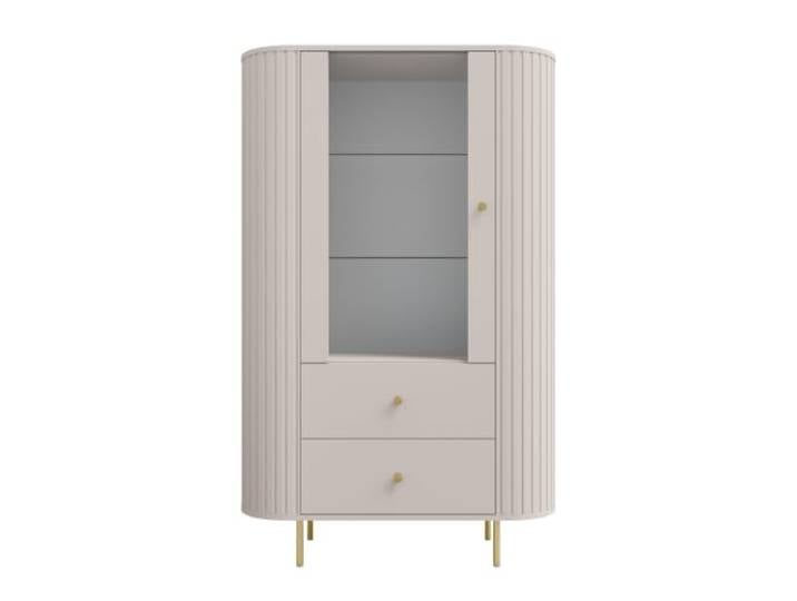 AlpiMeble Vitrine Ovalio 155x97x42 cm, Quadro-Führungen, Sandlos/Golden Glasvitrine mit Laminierte Platte und Gehärtetes Glas, Vitrinenschrank mit Dekorative Fräsun und Metallgriffe