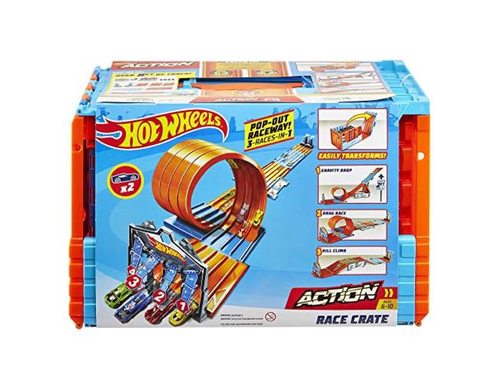 Hot Wheels Bahn Track Builder, Rennkiste (3 Stunts in 1 Set) zum Bauen von Autorennbahnen für Hot Wheels Autos, inkl. 2 Spielzeugautos, Auto Spielzeug, Spielzeug ab 6 Jahre, GKT87