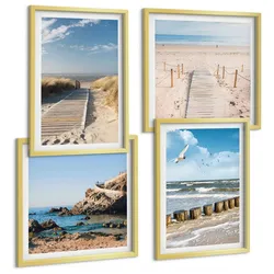 BILDER SET 4er Set - 50x50 cm & 40x60 cm Goldrahmen - Strand, Sand, Wellen, Himmel, Vögel