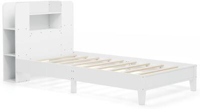Costway Twin Size Wooden Platform Bed Frame with Bookcase Headboard-White