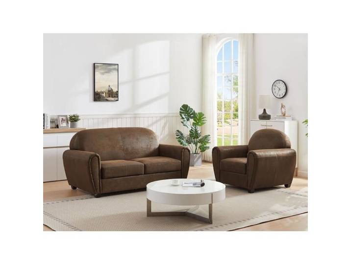 Canapé 3 places et un fauteuil en microfibre aspect cuir vieilli club VICTORY III