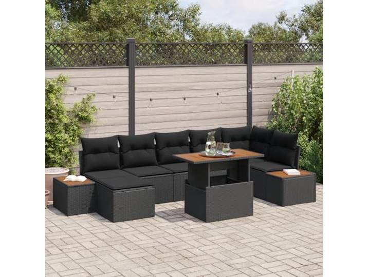 HEFZGDB 8-teiliges Garten Esszimmer Set mit Kissen Schwarz Poly Rattan Akazie Tischgruppe für Terrasse und Balkon