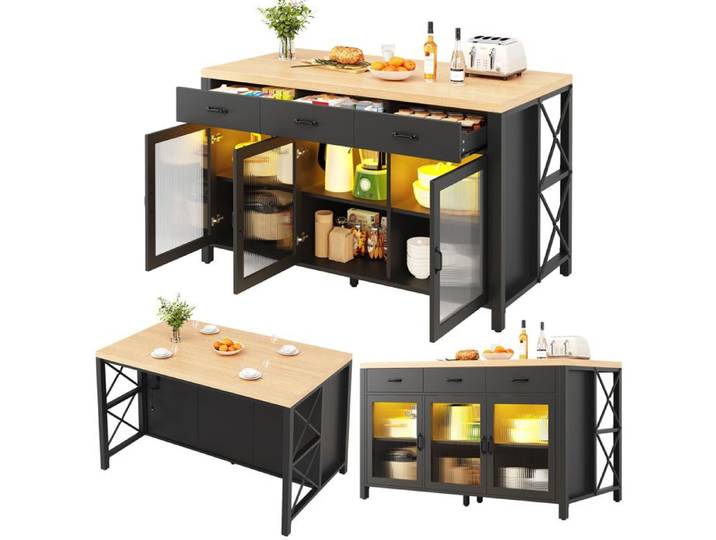 Îlot de cuisine - Îlot 150×80×90 cm - 3 tiroirs & 3 portes vitrées - Plateau bois massif - LED intégrée