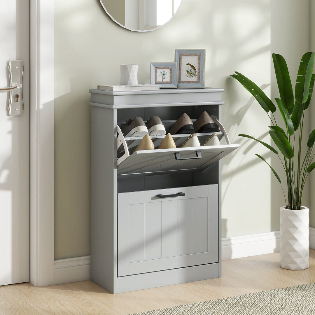 Lark Manor HOMCOM Slim Shoe Storage Cabinet with 2 Flip Drawers for Entryway, Grey Gray 10