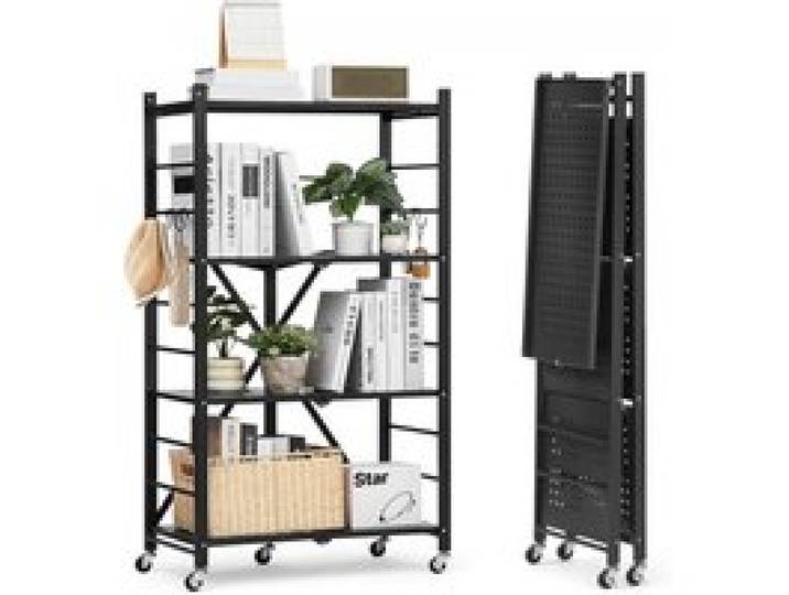 VEVOR 4 Etagen, Klappbare Regale mit Rädern, 33x66x117cm, Faltbares Schwerlastregal, montagefreies Standregal, Haushaltsregal, Küchenregal, Metallregal für Garage, Küche, Keller, schwarz