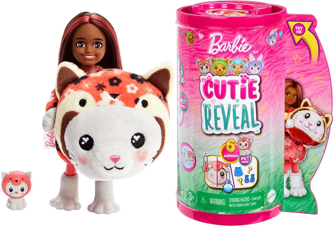 Barbie Chelsea Cutie Reveal Serie Disfraces Gatito panda rojo.