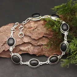 Drachensilber Edles Onyx Armband schlicht 925 Silber schwarze Steine Edelstein Armschmuck - Silber;Schwarz
