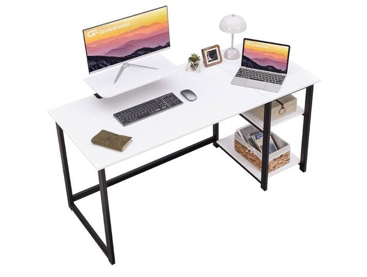 Bureau Ordinateur 140 cm Étagères Réversibles Support Moniteur Plateau Spacieux Home Office et Gaming Design Blanc